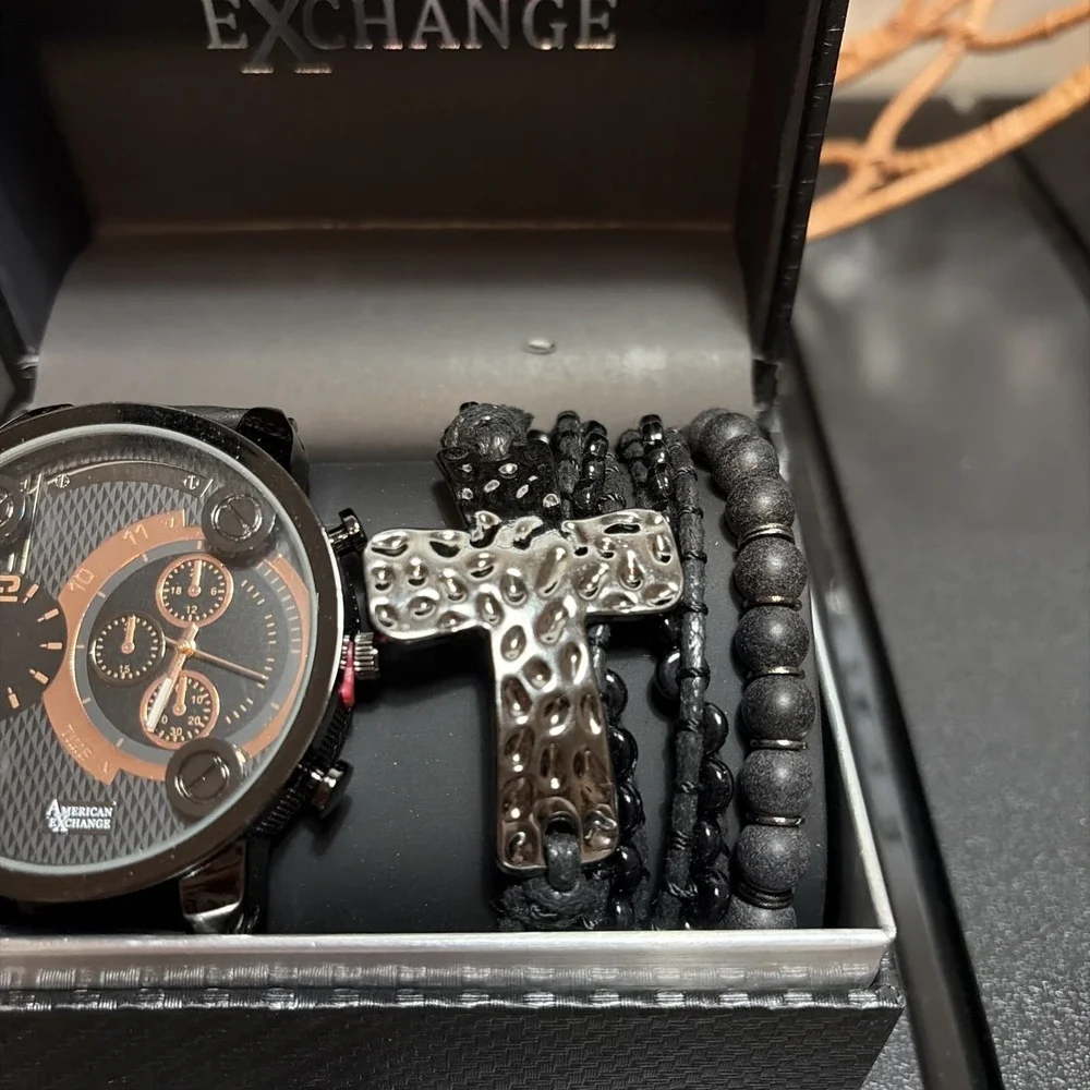American Exchange Men's Quartz Black Watch & Jewelry Gift Set- BRAND NEW IN‎ BOX